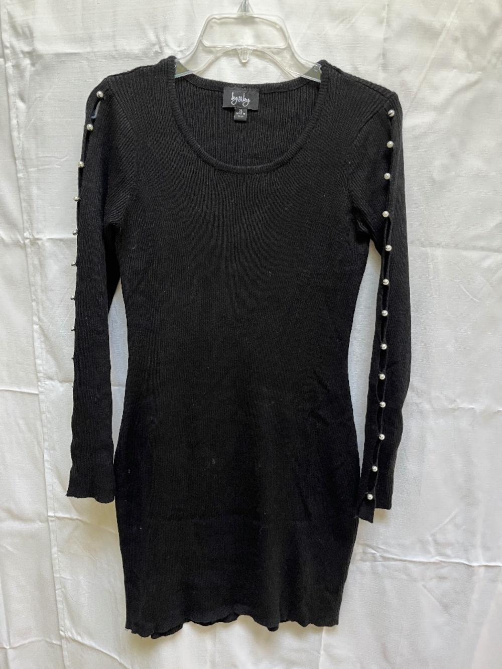 Black Ribbed Bodycon Mini Pencil Sweater Dress w/ Pearls